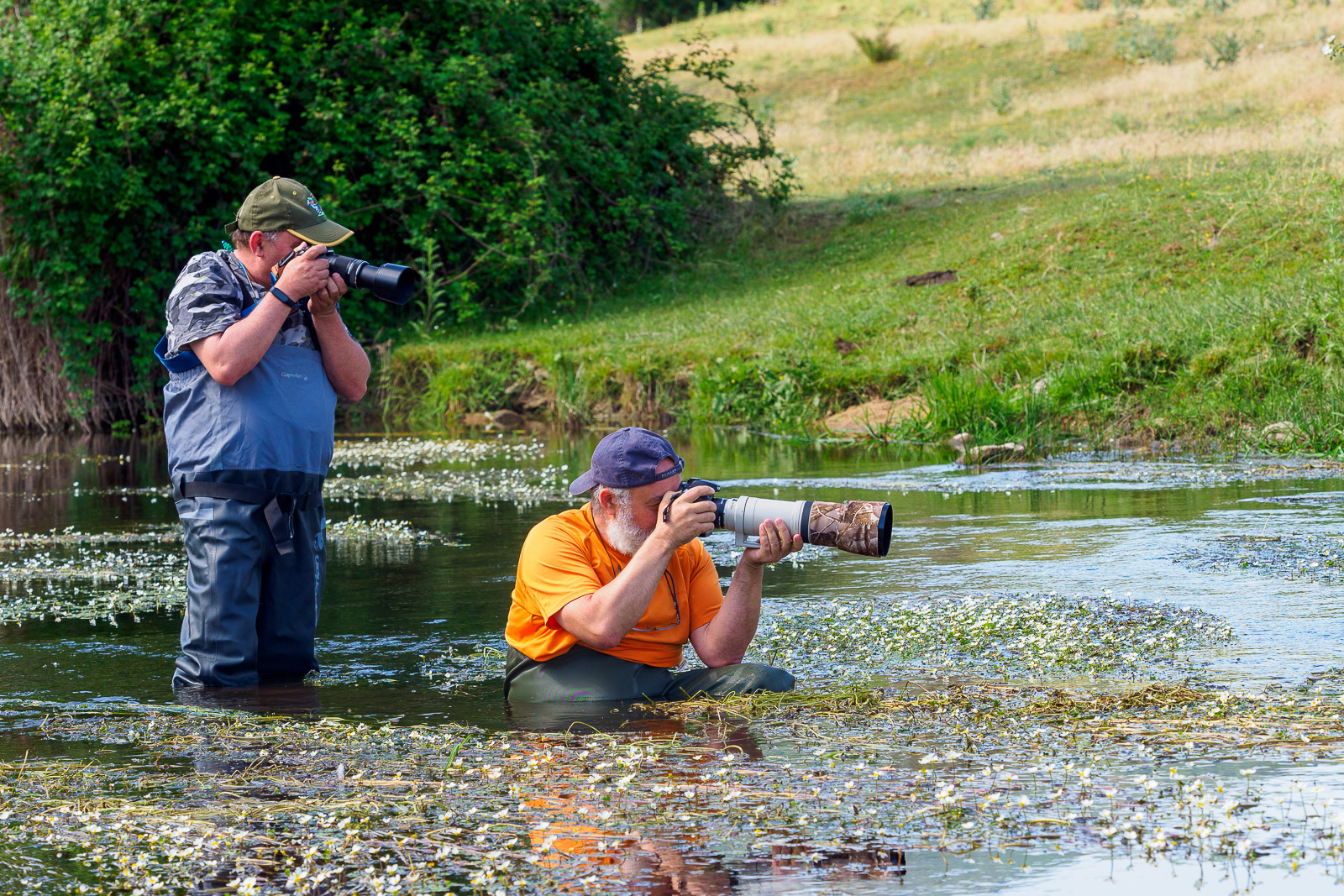 Dos fotógrafos metidos en un lago enfocando al mismo objetivo. Uno de ellos de pie y otro agachado